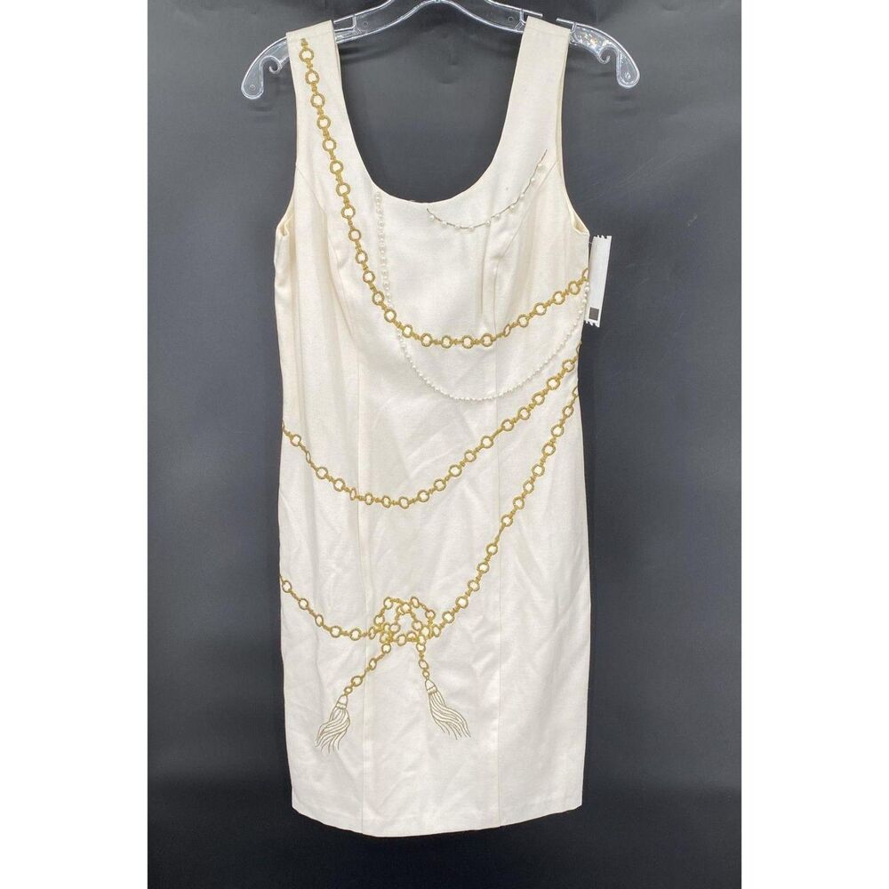 NWT Vintage CDC Evening Ivory Sheath Dress Sz 4 Pearl Chain Embellished